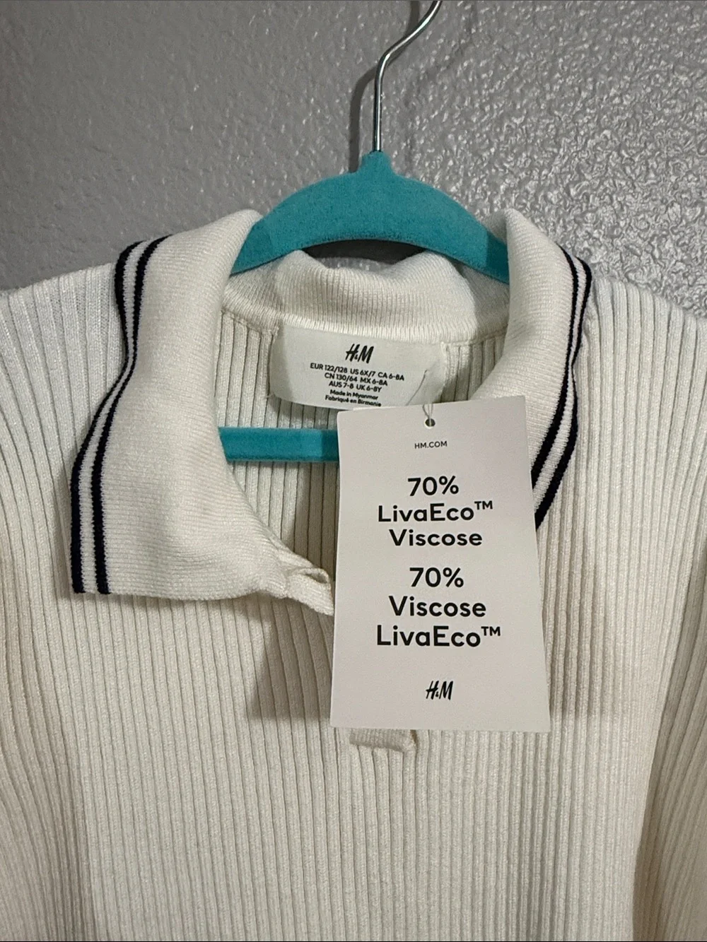 H&M knit collar ribbed top sweater 6/7 years girls new white black accent